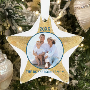 Strand Kerstmis Zeester Familie Foto Wit Blauw Ornament