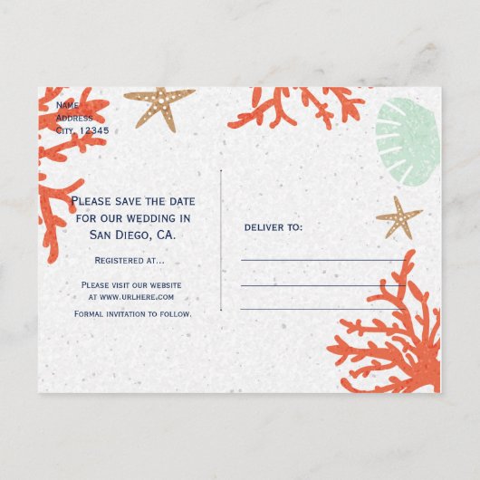 Strand Koraalrif Zeeschelp Zeester Bewaar De Datum Aankondigingskaart (Achterkant)