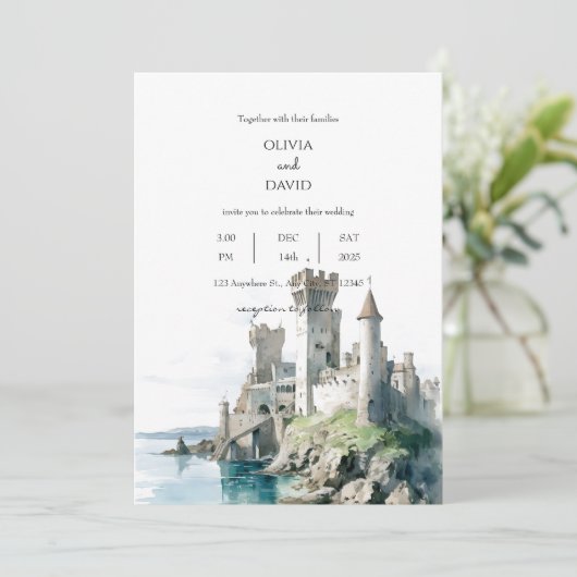 Strand Kustlandschap Kasteel Ruïnes Bruiloft Kaart (Staand voorkant)
