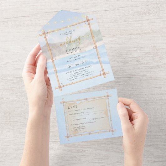 Strand Kuststrings Lichten Bruiloft RSVP MENU All In One Uitnodiging (Afscheurbaar)