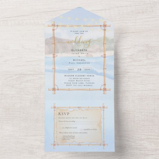Strand Kuststrings Lichten Bruiloft RSVP MENU All In One Uitnodiging (Binnen)
