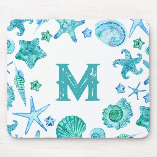 Strand Kustzee schelpen en zeesterren Waterverf Muismat (Voorkant)