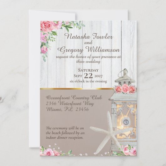 Strand lantaarn zeester bruiloft uitnodiging (Voorkant)