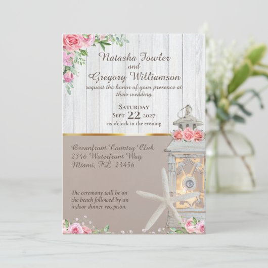 Strand lantaarn zeester bruiloft uitnodiging (Staand voorkant)