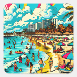 Strand met een Comic Book Pop Art Vibe Vierkante Sticker