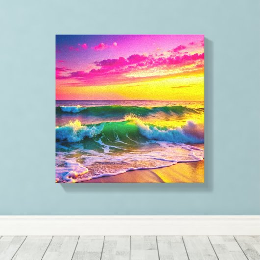 Strand met gele en roze oceaangolven canvas afdruk (Insitu (Houten vloer))