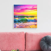 Strand met gele en roze oceaangolven canvas afdruk (Insitu (Woonkamer))