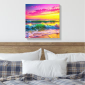 Strand met gele en roze oceaangolven canvas afdruk (Insitu (Slaapkamer))