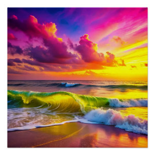 Strand met gele en roze oceaangolven perfect poster