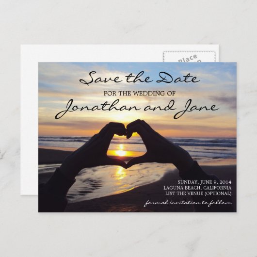 Strand Oceaan Liefde Hart Bruiloft Save the Date Aankondigingskaart (Voorkant / Achterkant)