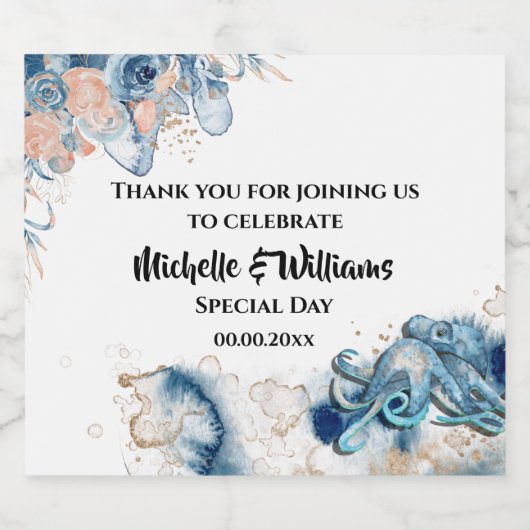 Strand octopus waterverf blauw sinaasappel rif par sparkling wijnetiket (Enkel label)