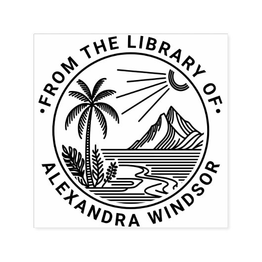 Strand Palm Tree Mountain Sun Library Boeknaam Zelfinktende Stempel (Design)