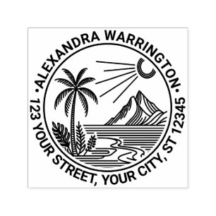 Strand Palm Tree Mountain Sun Naam retouradres Zelfinktende Stempel