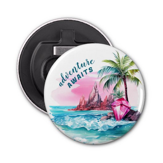 Strand Palm Tree Mountain Uitzicht avontuur wacht Button Flesopener (Voorkant)