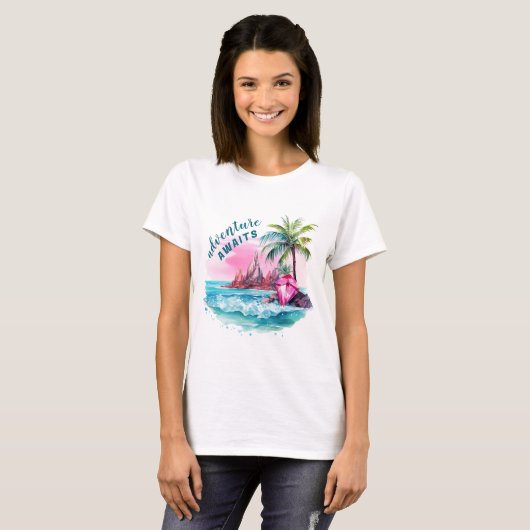 Strand Palm Tree Mountain Uitzicht avontuur wacht T-shirt (Voorkant volledig)