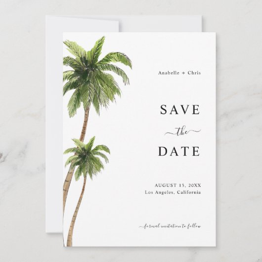 Strand Palm Tree Tropische bestemming Bruiloft Save The Date (Voorkant)