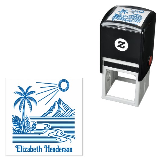 Strand Palmboom Berg met optionele naam Zelfinktende Stempel (In situ)