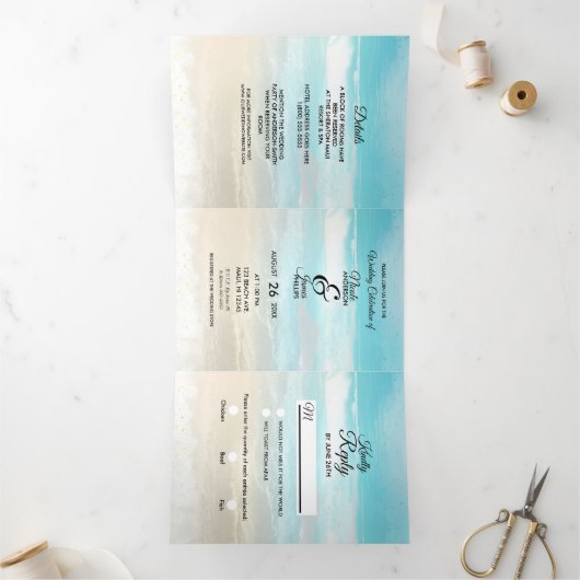 Strand Rustic Kust Drievoudig Trouwprogramma Drieluik Uitnodiging (Binnen)