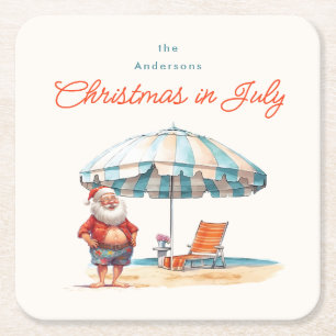 Strand Santa Waterverf Kerstmis in juli Party BBQ Vierkante Kartonnen Onderzetter