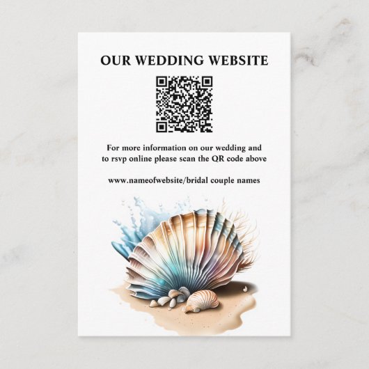 Strand schelpen nautische iriserende QR code rsvp Informatiekaartje (Voorkant)