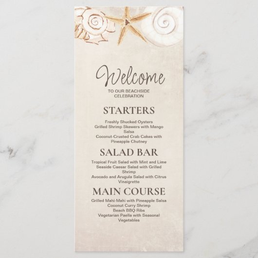 Strand Schelpen Zand Zeekant Trouwreceptie Menu (Voorkant)
