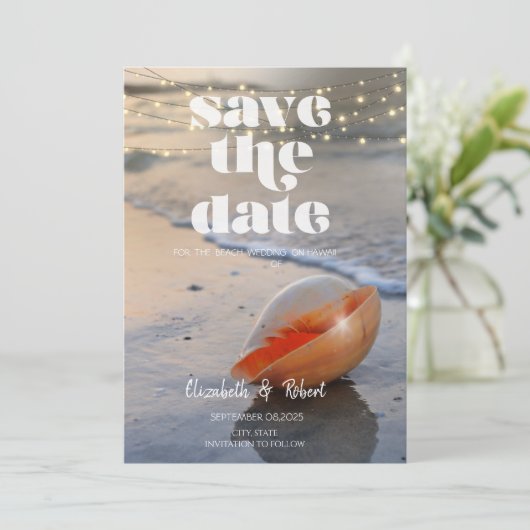 Strand Seashell String Lights Bewaar de datum Save The Date (Staand voorkant)