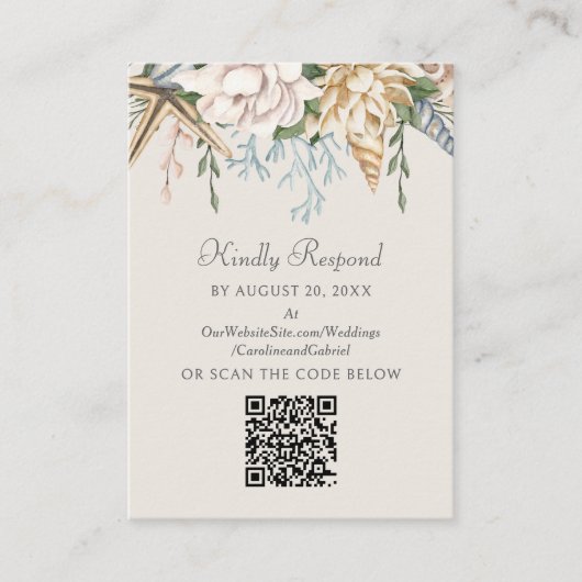 Strand Seashells Bloemen bruiloft RSVP QR Informatiekaartje (Voorkant)