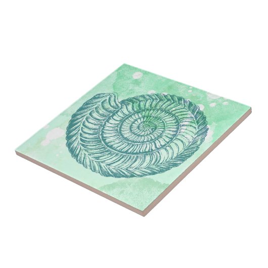 Strand Spiraal Schelp Blauw Aquarel Tegeltje (Zijkant)