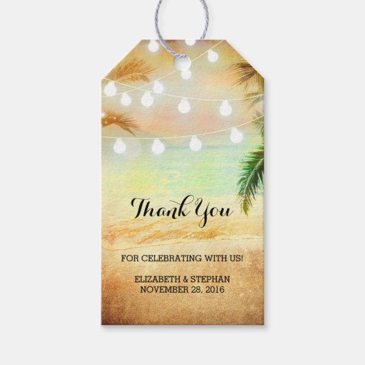 Strand Sunset String Lights Palms Bruiloft Dank u Cadeaulabel (Voorkant)
