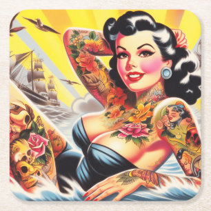 strand Tattoo Pinup Vierkante Kartonnen Onderzetter