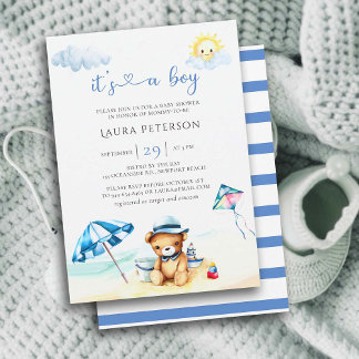 Strand Teddy Bear Zon Waterverf Jongen Baby shower Kaart
