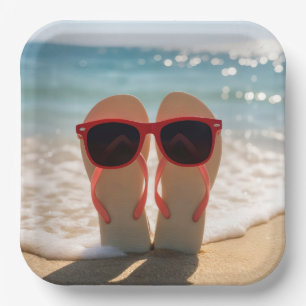 Strand teenslippers met rode zonnebril papieren bordje
