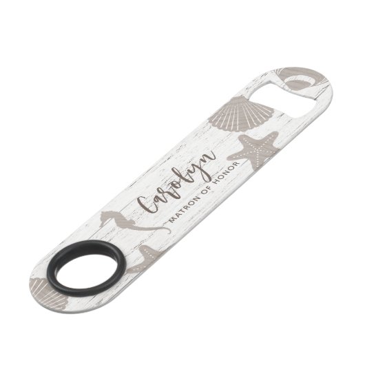 Strand Thema Bruiloft Hout Graan Speed Flessenopener (Voorkant Gekanteld)