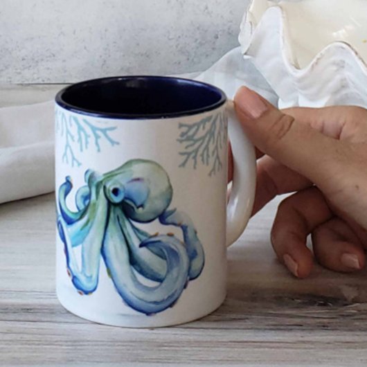 Strand thema koffie mokken blauwe octopus