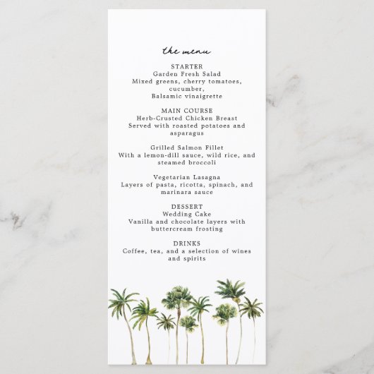 Strand thema Waterverf Palm Tree Menu (Voorkant)