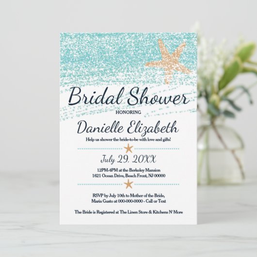 Strand thema zeesterren bruids douche uitnodiging (Staand voorkant)