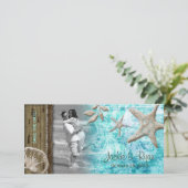 Strand Trouwkaart Seashell Blauw Hout Save The Date (Staand voorkant)