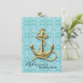 strand turquoise damask sailor nautical anchor kaart (Staand voorkant)