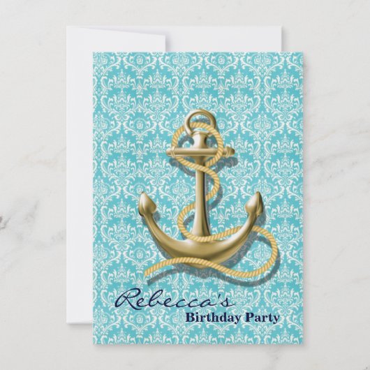 strand turquoise damask sailor nautical anchor kaart (Voorkant)