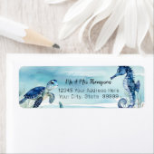 Strand Undersea Turtle Seahorse Waterverf in blauw Etiket (Insitu)