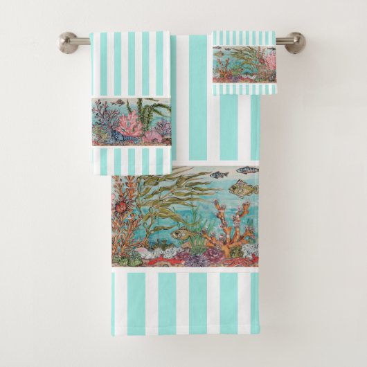  strand van Aqua Stripe Sealife Bad Handdoek (Insitu)