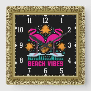 Strand Vibes Pink Flamingos-19501 Vierkante Klok