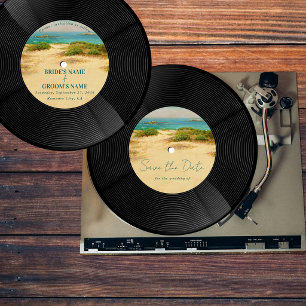 Strand Vinyl Muziekrecord Huwelijk Bewaar de Datum Kaart