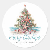 Strand Vrolijke Kerstboom Ronde Sticker (Voorkant)