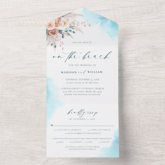 Strand Waterverf alles in één bruiloft All In One Uitnodiging (Binnen)