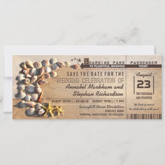 Strand Wedding Boarding Pass tickets Bewaar de dat Save The Date (Voorkant)