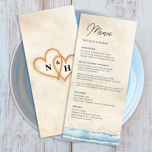Strand Wedding Menu Sjabloon met Waterverf Oceaan
