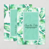 Strand wit en groen tropisch blad Save the Date Aankondigingskaart (Voorkant / Achterkant)
