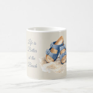 Strand Zand Blauwe Sandalen Koffiemok