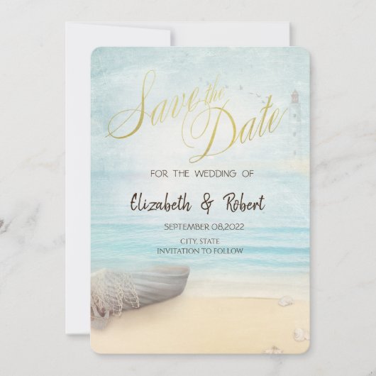 Strand Zand Boot Vuurtoren Bewaar De Datum Save The Date (Voorkant)